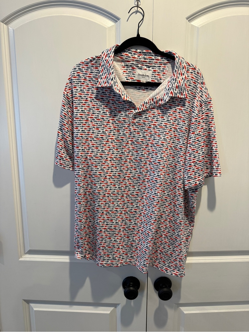 Goodfellow & Co White Polo with Red & Navy Fish Print